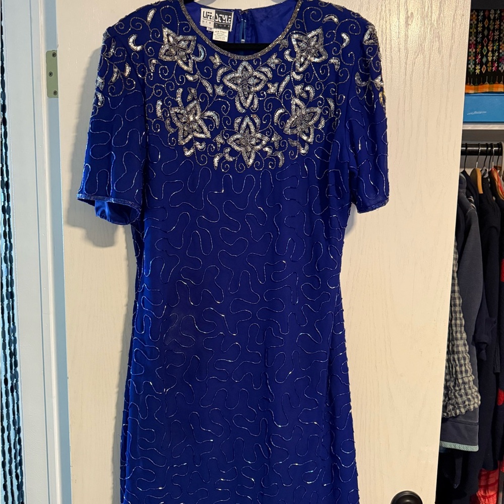 Royal Blue Vintage Beaded and Fully Lined XL Cocktail Dress